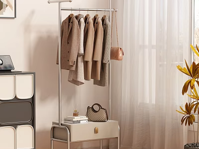 Stylish Clothes Hanging On Floor Standing Rack With Handbag And Small Table In Interior 3d model