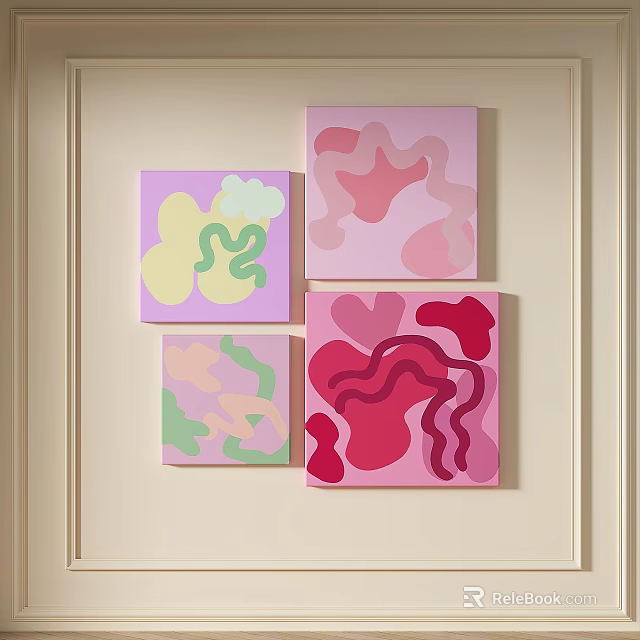 Abstract Paintings With Soft Pink Purple Green Yellow Tones And Irregular Curves Hanging On Wall 3d model 