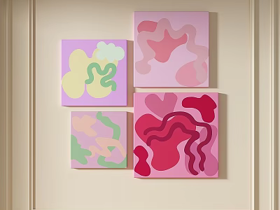Abstract Paintings With Soft Pink Purple Green Yellow Tones And Irregular Curves Hanging On Wall 3d model