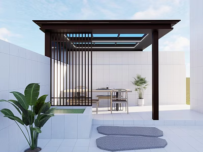 Modern Garden Pavilion With Black Frame Glass Skylight White Wall Outdoor Seating And Green Plants 3d model