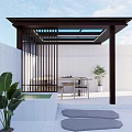 Modern Garden Pavilion With Black Frame Glass Skylight White Wall Outdoor Seating And Green Plants