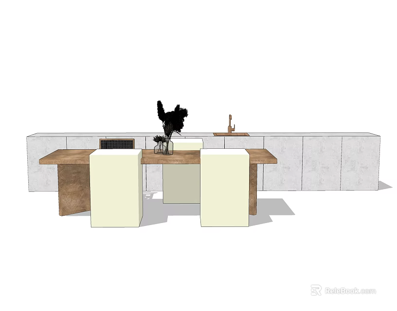 Wooden Dining Table Set With White Supports And Wall Panel Design 3d model