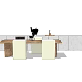 Wooden Dining Table Set With White Supports And Wall Panel Design 3d model