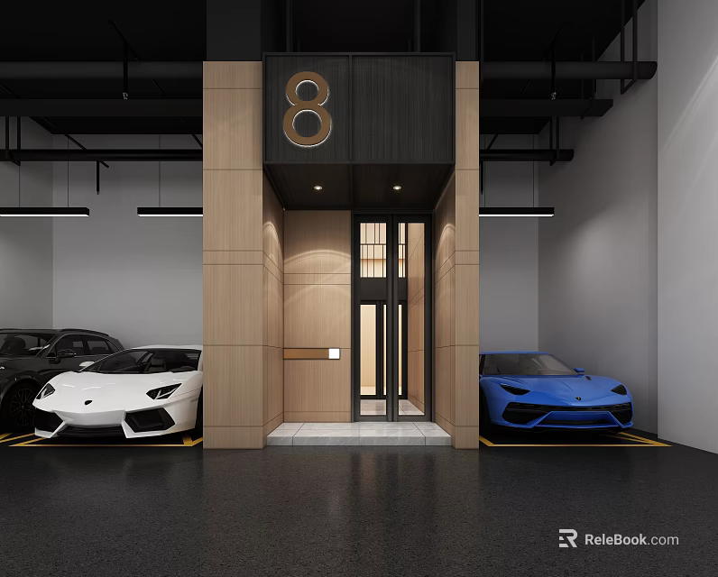 Sleek Modern Storefront Entrance with Number 8 Wooden Black Accents and Luxury Sports Cars 3d model 