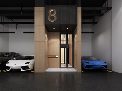 Sleek Modern Storefront Entrance with Number 8 Wooden Black Accents and Luxury Sports Cars 3d model