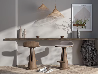 Minimalist Wooden Bar Counter Interior With Woven Pendant Lights And Stools And Framed Wall Art 3d model