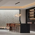 Chinese Style Basement Interior With Landscape Mural Furniture And Plants
