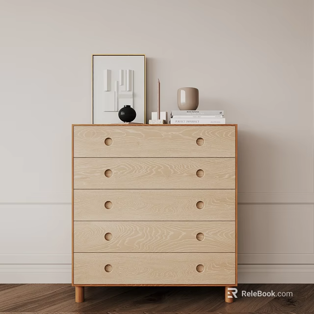 Modern Light Oak Five Drawer Dresser With Round Knobs And Minimalist Decorative Items On Top 3d model