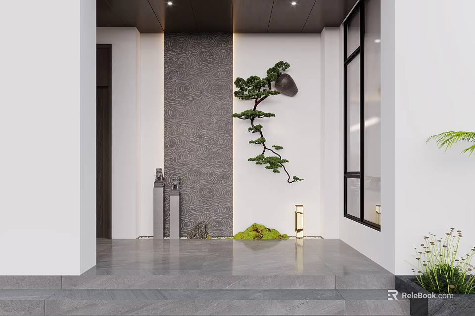 Modern Chinese Foyer Hallway With Pine Decor And Stone Wall 3d model 