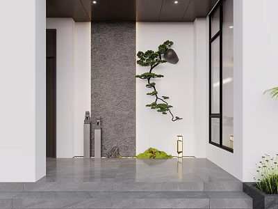 Modern Chinese Foyer Hallway With Pine Decor And Stone Wall 3d model