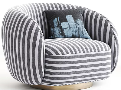 Black and White Striped Round Single Armchair With Abstract Pattern Pillow And Gold Base 3d model