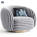 Black and White Striped Round Single Armchair With Abstract Pattern Pillow And Gold Base