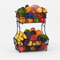 Assorted Fresh Fruits in Two Tier Wire Baskets with Bananas Apples Grapes Peaches and Avocado