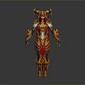 Mythical Female Warrior Character in Ornate Red and Gold Armor With Horns and Flame Details
