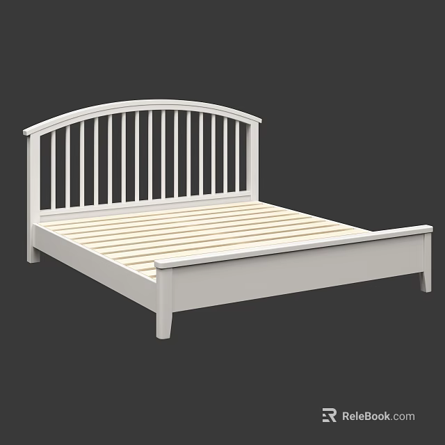 White Double Bed Frame With Arched Slatted Headboard And Simple Design 3d model 