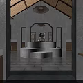 Japanese Style Specialty Store Interior With Wooden Ceiling Chandelier Display Shelves Counter And Stone Floor