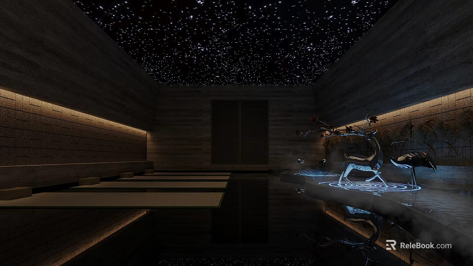 SPA Sauna Interior Design With Starry Ceiling Wooden Walls Lighting Decor And Misty Pool 3d model 