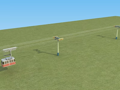 Scenic Cable Car Traveling Over Green Grass With Blue Sky And Support Poles 3d model