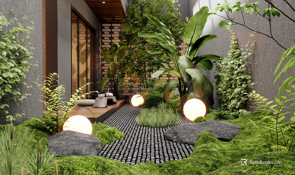 Modern Garden With Lush Green Plants Decorative Stones Round Lights And Pebble Pathway 3d model 