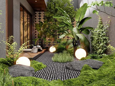 Modern Garden With Lush Green Plants Decorative Stones Round Lights And Pebble Pathway 3d model