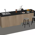 Modern Bar Counter Interior Design With Black Countertop Wooden Cabinetry Two Stools And Decorative Items