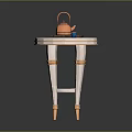 Elegant Round Side Table With White Gold Accents Tray Copper Teapot And Blue Cup