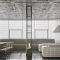 Modern Living and Dining Room Interior with White Sofa Metallic Partition and Dining Table Chairs