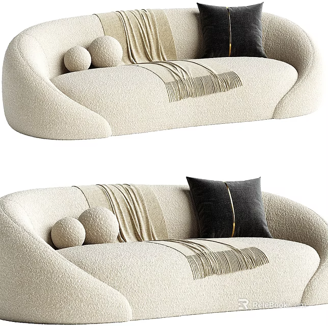 Comfortable Modern Beige Sofa With Round Decorative Pillows And Soft Striped Throw Blanket 3d model 