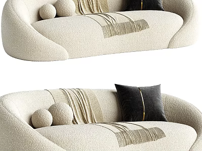 Comfortable Modern Beige Sofa With Round Decorative Pillows And Soft Striped Throw Blanket 3d model