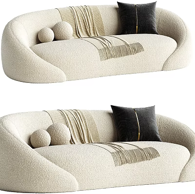 Comfortable Modern Beige Sofa With Round Decorative Pillows And Soft Striped Throw Blanket 3d model