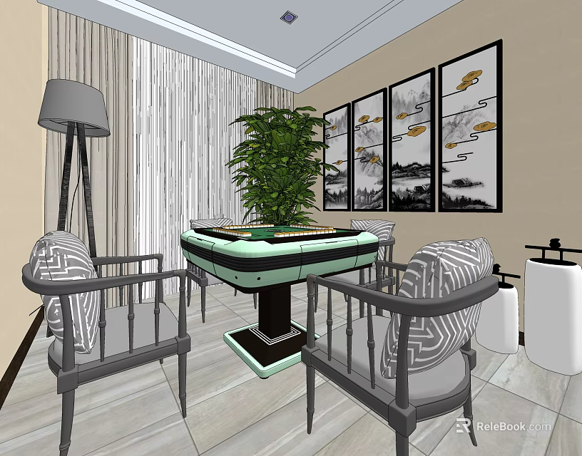 Hotel Mahjong Room Interior With Mahjong Table Chairs Green Plant And Wall Paintings 3d model 