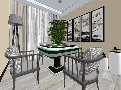 Hotel Mahjong Room Interior With Mahjong Table Chairs Green Plant And Wall Paintings 3d model