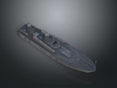 3D Model of Military Warship With Deck Turrets and Gray Hull Structure 3d model