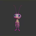 Cute Green Cartoon Grasshopper With Big Eyes And Long Antennae On Dark Background