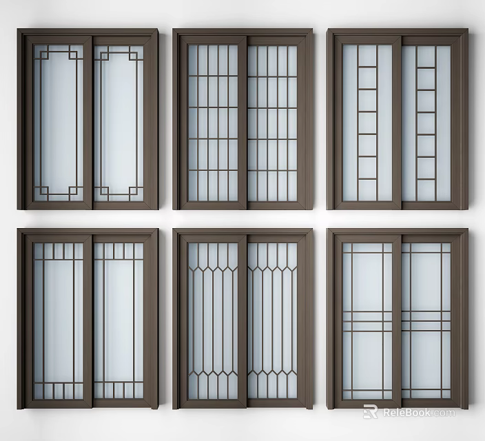 Sliding Doors With Various Designs Dark Frames And Glass Grille Patterns 3d model