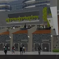 Bustling Commercial Street with Modern Architecture Greenery Pedestrians and Brick Storefronts