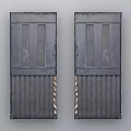 Dark Colored Metal Sliding Doors With Vertical Stripes And Warning Stripes At The Bottom