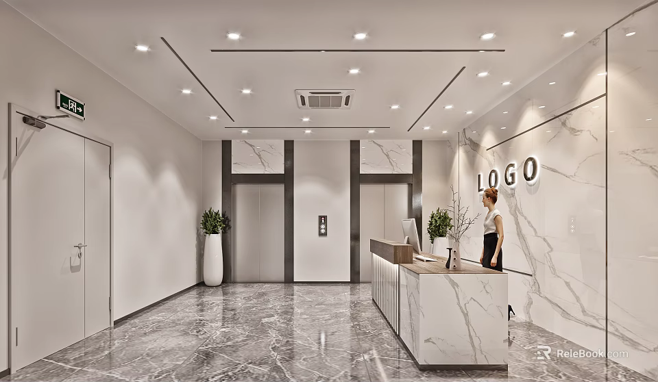 Modern Front Desk Reception Area With Marble Counter Elevators And Green Plants 3d model