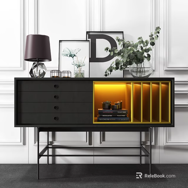 Modern Entryway Console Table Black Cabinet With Drawers Yellow Lighting Decor Items On White Wall 3d model 