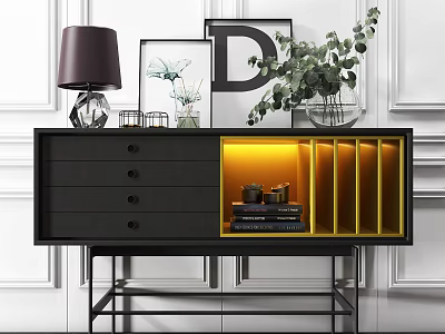 Modern Entryway Console Table Black Cabinet With Drawers Yellow Lighting Decor Items On White Wall 3d model