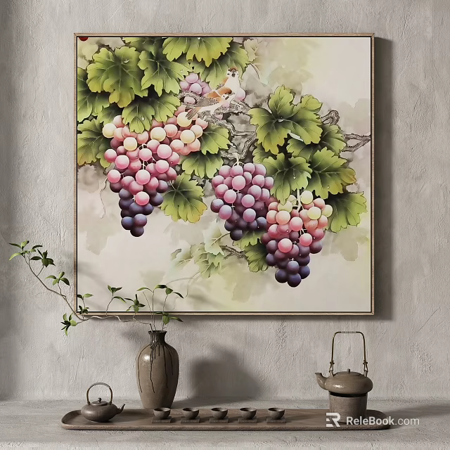 Botanical Painting of Grapes with Green Leaves and Vines as Wall Art Decor 3d model 