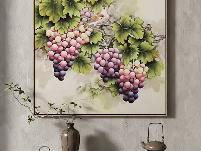Botanical Painting of Grapes with Green Leaves and Vines as Wall Art Decor 3d model