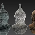 Three Buddha Head Sculptures Intricately Carved With Varied Colors And Classic Features