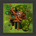 Cartoon Treehouse Building Featuring Tree Trunk Structure Green Leaves Red Antler Decor And Blue Orb