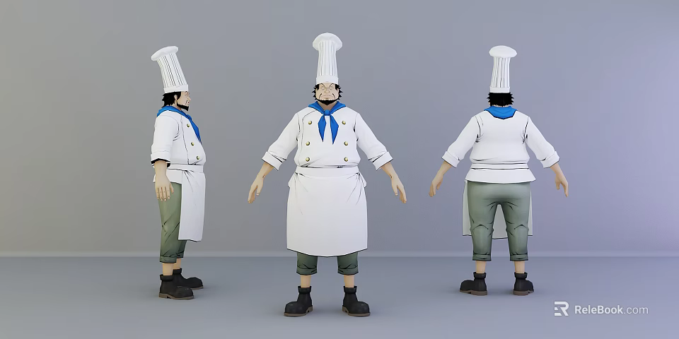 Detailed Game Film Chef Character With Toque Uniform Blue Scarf And Green Pants 3d model 