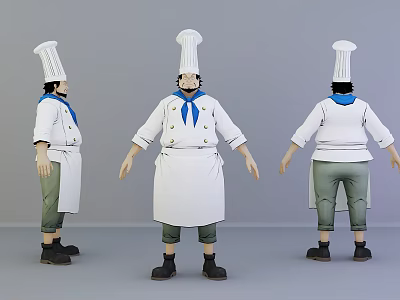 Detailed Game Film Chef Character With Toque Uniform Blue Scarf And Green Pants 3d model