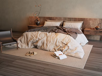 Double Bed With Wooden Headboard Light Colored Bedding On Cozy Rug And Nightstand Decorative Items 3d model