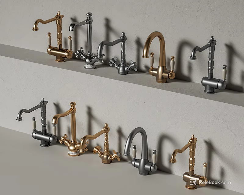 Various Stylish Faucets with Different Colors and Modern Designs on Display Shelf 3d model 