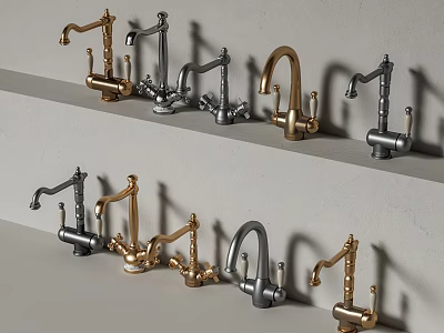 Various Stylish Faucets with Different Colors and Modern Designs on Display Shelf 3d model