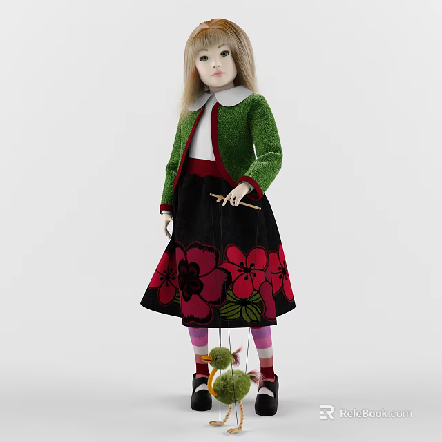 Blonde Hair Doll In Green Sweater With Red Collar Black Flower Skirt And Pink Tights 3d model 